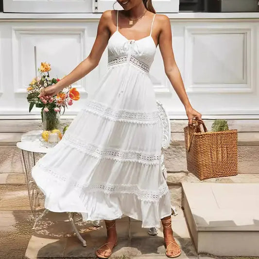 Women's Summer Spaghetti Strap Empire Waist A-Line Dress with Hollow Out Lace Patchwork and Pleated Design