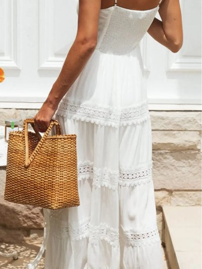 Women's Summer Spaghetti Strap Empire Waist A-Line Dress with Hollow Out Lace Patchwork and Pleated Design