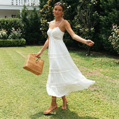 Women's Summer Spaghetti Strap Empire Waist A-Line Dress with Hollow Out Lace Patchwork and Pleated Design