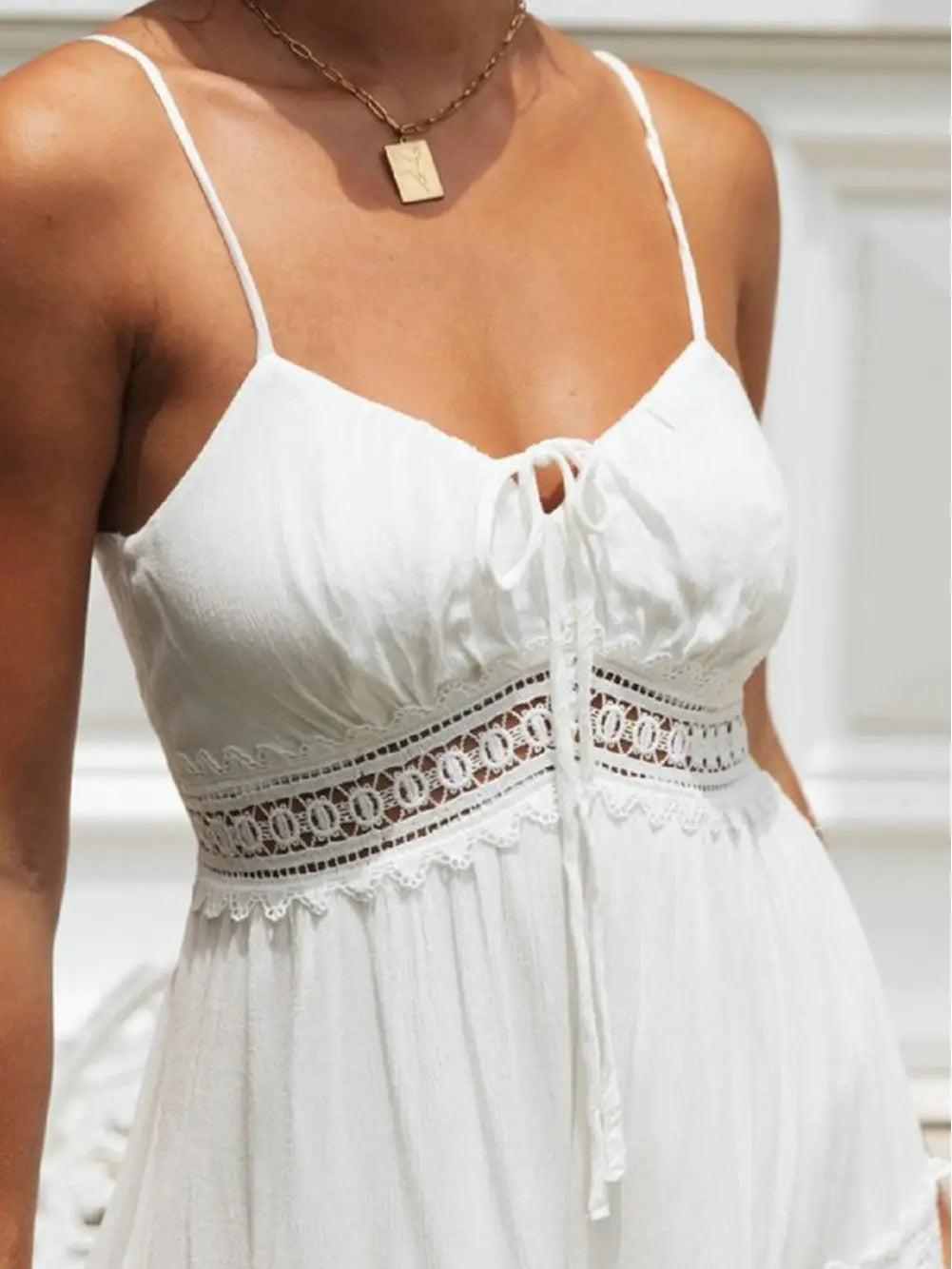 Women's Summer Spaghetti Strap Empire Waist A-Line Dress with Hollow Out Lace Patchwork and Pleated Design