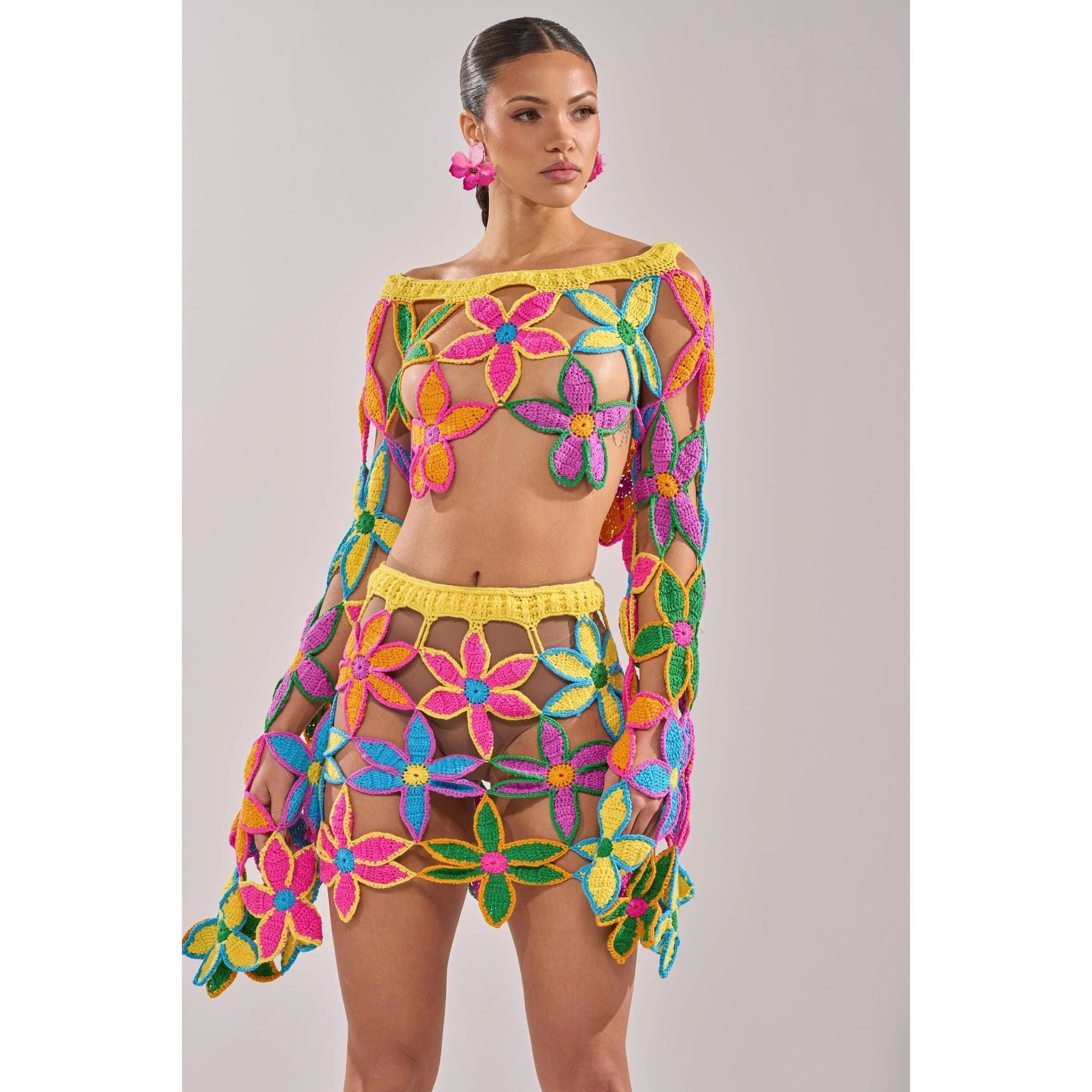 Floral Fields Off-the-Shoulder Crochet Sweater