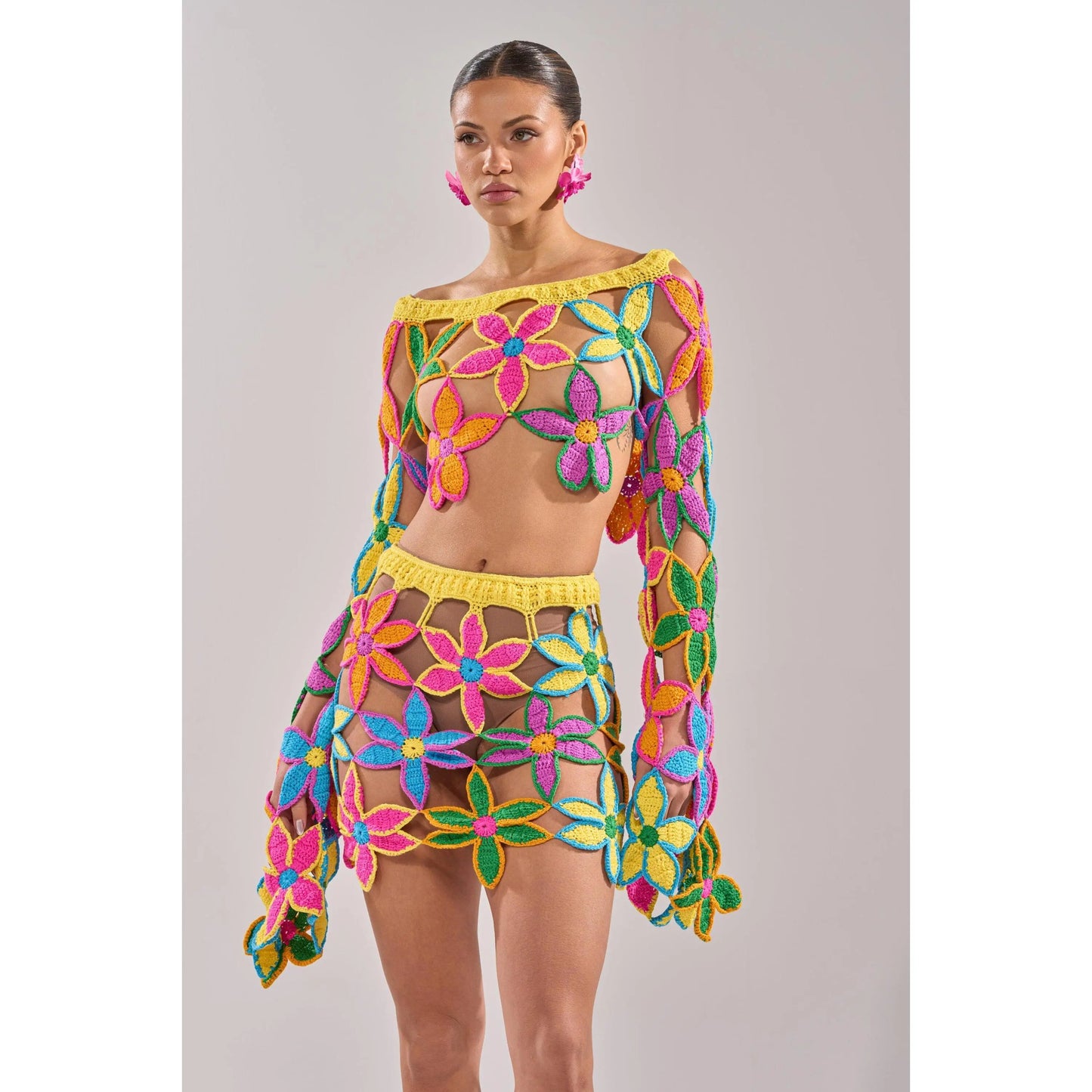 Floral Fields Off-the-Shoulder Crochet Sweater