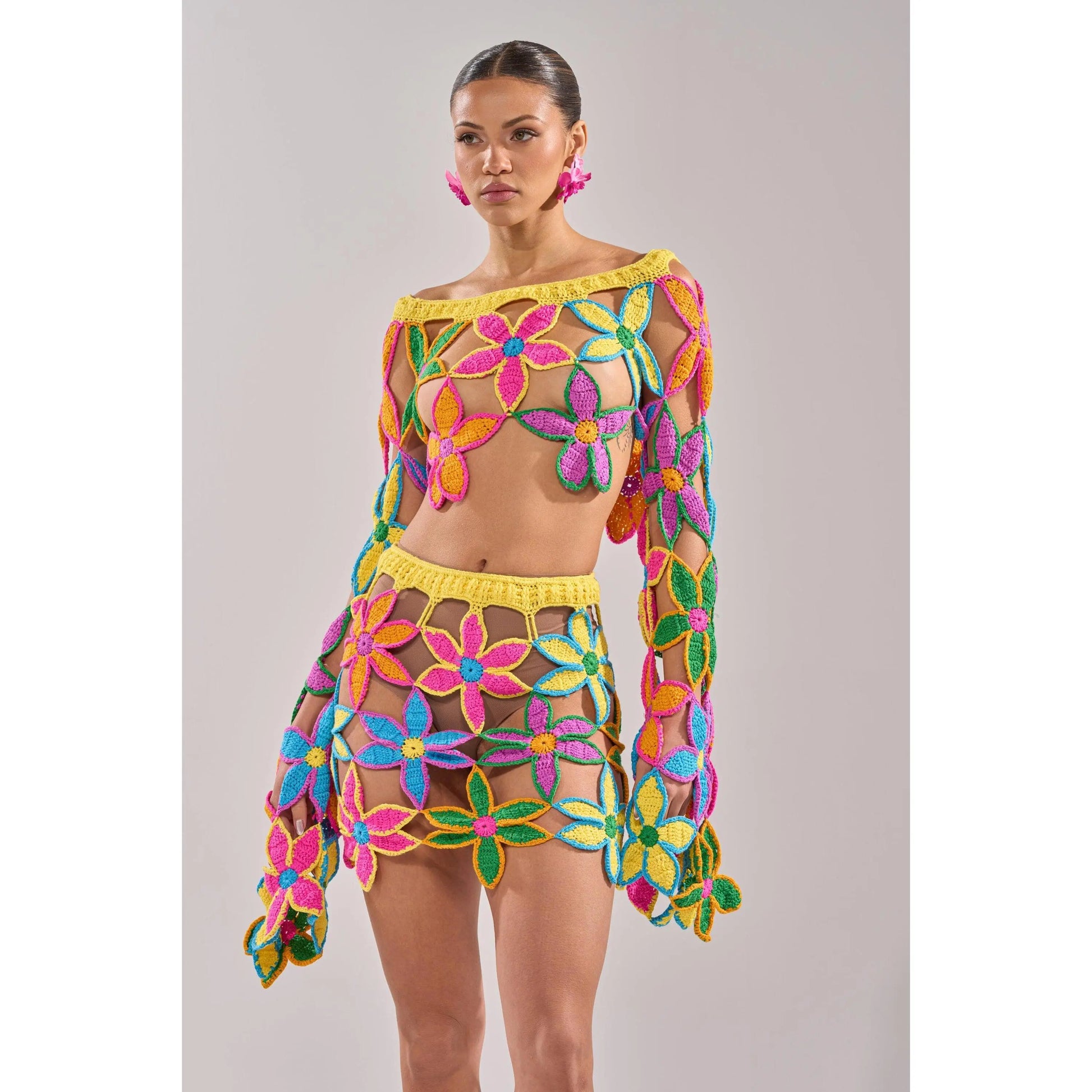 Floral Fields Off-the-Shoulder Crochet Sweater
