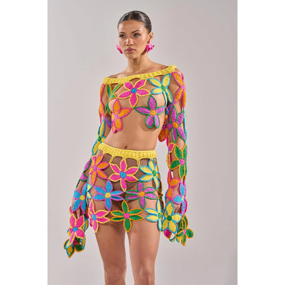 Floral Fields Off-the-Shoulder Crochet Sweater